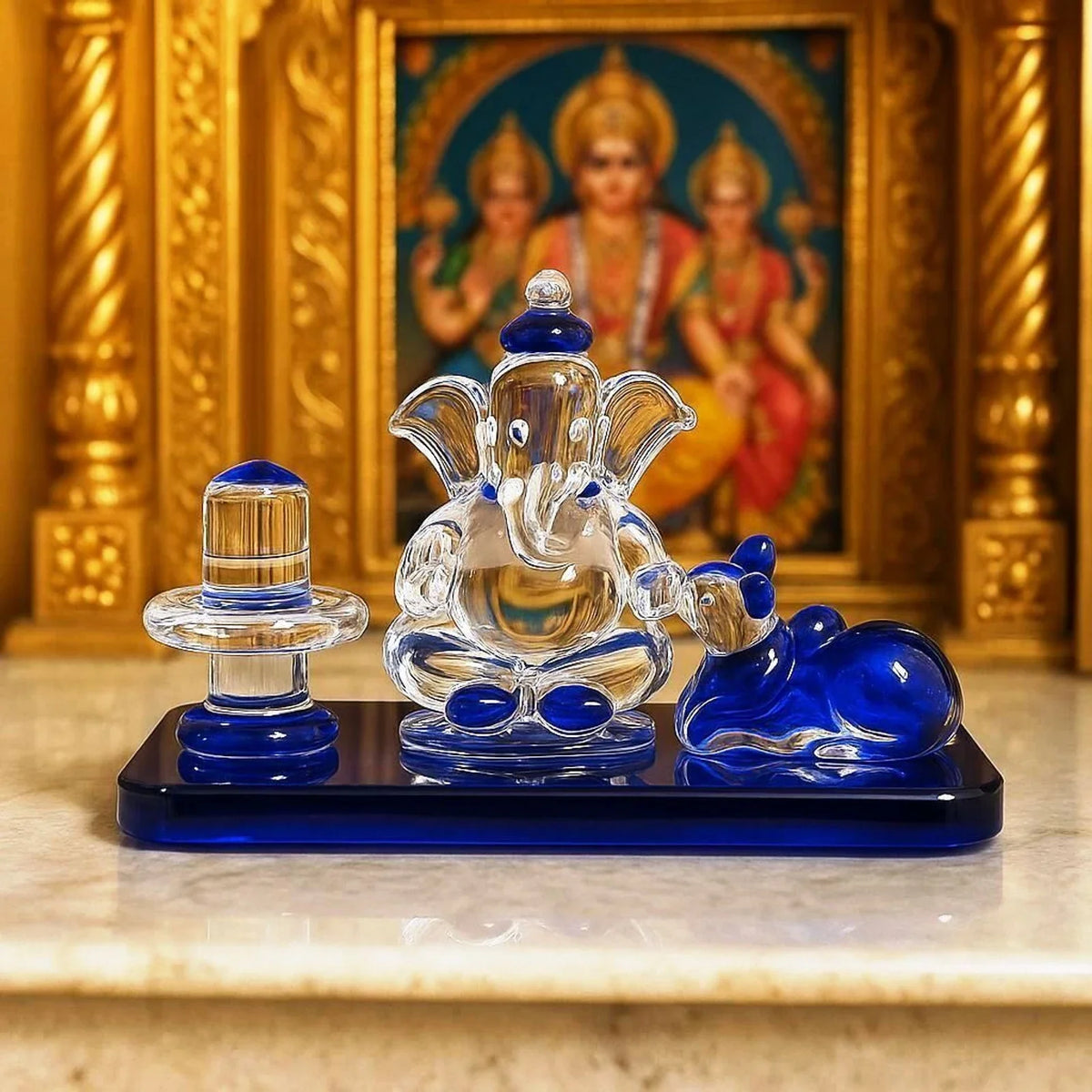 Crystal Glass Statue Idol of Lord Shiva, Ganesha, and Nandi Ji