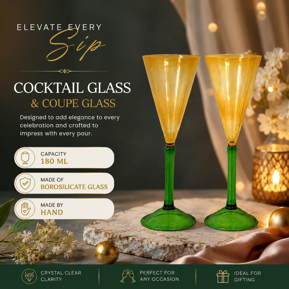 Cocktail Glass Set of 2, 180ml, Green Stem & Yellow Bowl