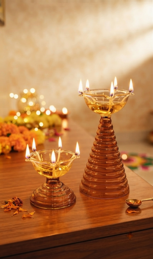 Handcrafted Borosilicate Glass Pooja Diya Set (1 Tall & 1 Small)