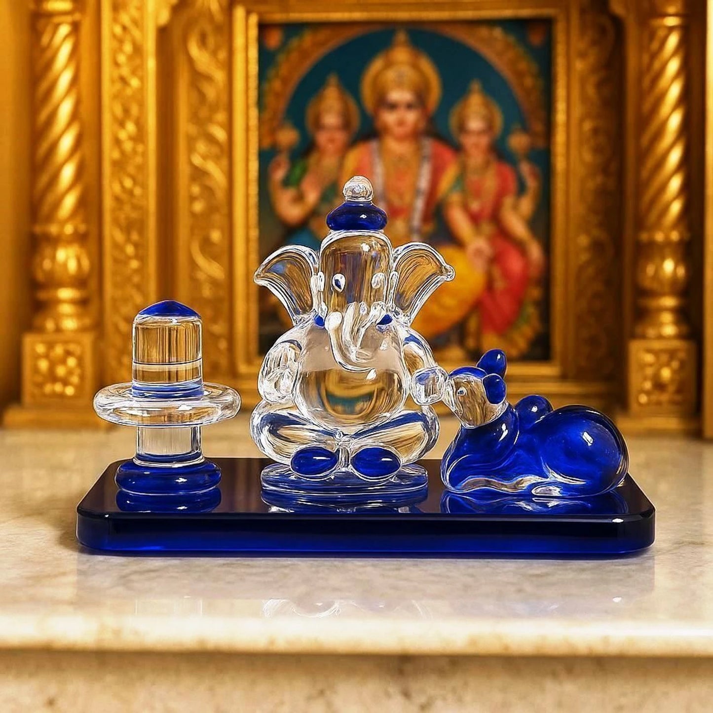 Crystal Glass Statue Idol of Lord Shiva, Ganesha, and Nandi Ji