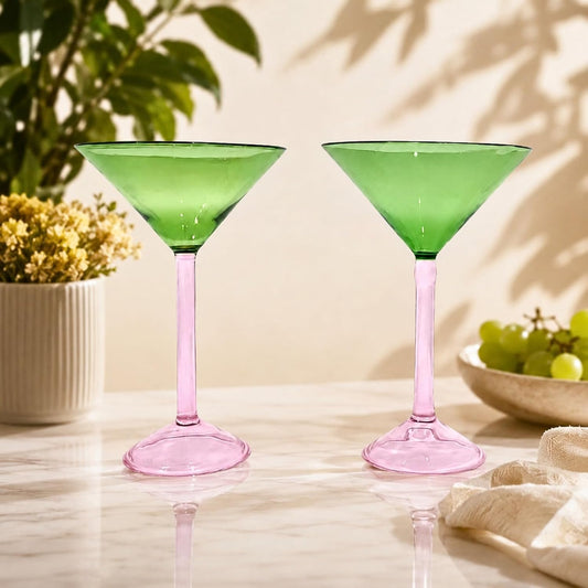 Premium Wine Glass Set of 2, Green Bowl & Pink Stem