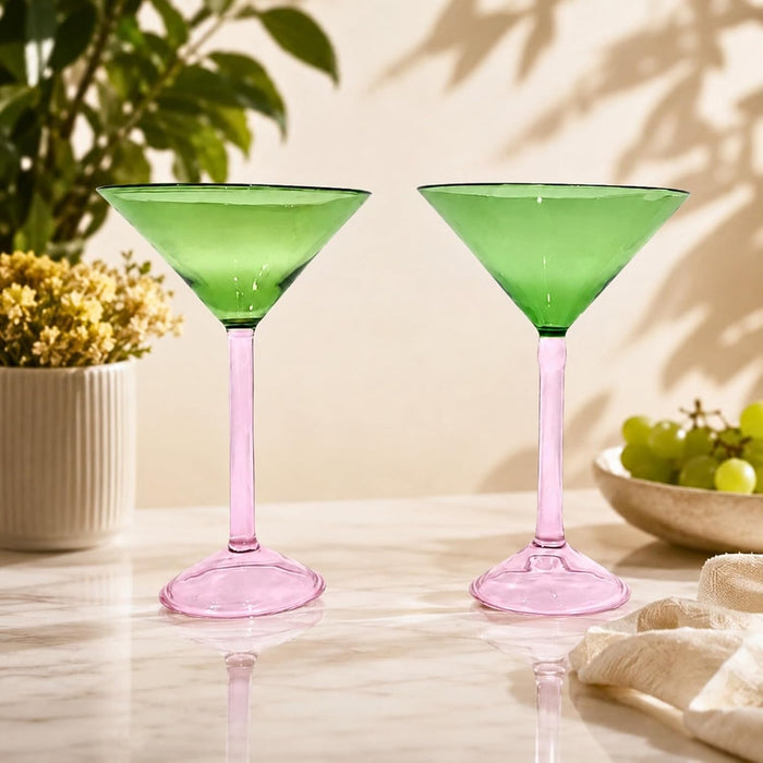Premium Wine Glass Set of 2, Green Bowl & Pink Stem