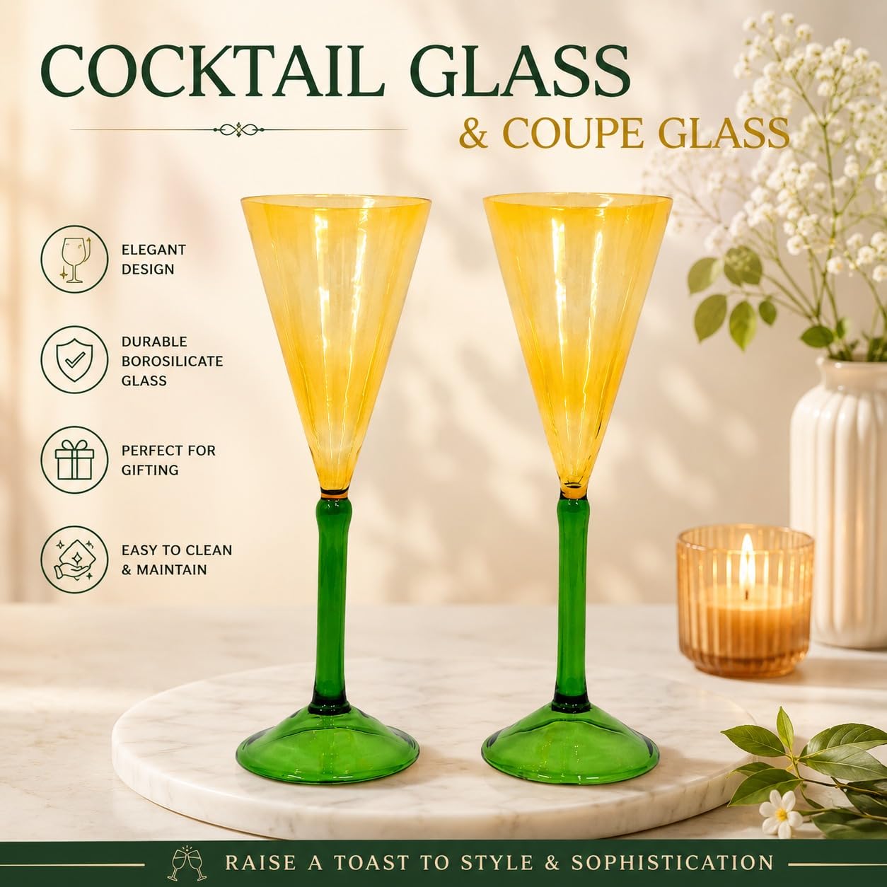 Cocktail Glass Set of 2, 180ml, Green Stem & Yellow Bowl