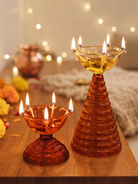 Handcrafted Borosilicate Glass Pooja Diya Set (1 Tall & 1 Small)